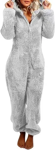 Miniatura 14 de Pijama de forro polar para mujer, mameluco cálido de sherpa, ropa de dormir de una pieza con cremallera y capucha