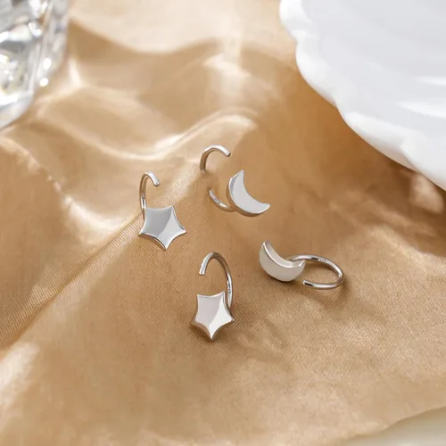 Miniatura 4 de CHIC & ARTSY Aretes de aro de plata de ley 925, pequeños aretes de aro de bola, barra, estrella, luna, corazón, cruz, punto, triángulo, medio aro