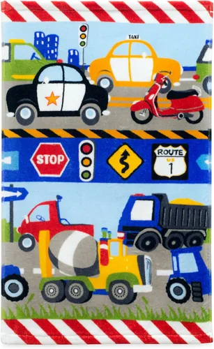 Miniatura 5 de dream FACTORY Trains and Trucks - Toalla de baño para niños, 20 x 30 pulgadas, 100% algodón, diseño amarillo de coches y camiones