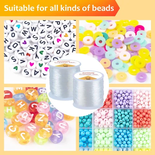 Miniatura 7 de Cuerda elástica de 0.031 in y 0.039 in para pulseras, 2 rollos de cuerda elástica fuerte para hacer joyas, cordón de cuentas de cristal transparente
