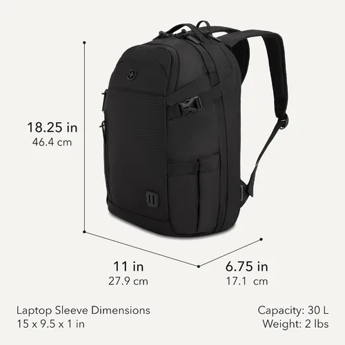 Miniatura 2 de SwissGear Mochila de viaje híbrida de 30 L, se adapta a portátiles de 15 pulgadas, para hombres y mujeres, color negro