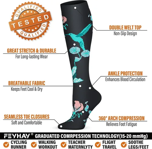 Miniatura 9 de FEYHAY Calcetines de compresión de cobre (5 pares) de 15-20 mmHg, la circulación es la mejor atlética y diaria para hombres y mujeres, correr