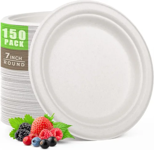 Miniatura 12 de Gezond 150 platos de papel compostables de 9 pulgadas, platos desechables sin blanquear, resistentes y ecológicos, de fibra de caña de azúcar, placa