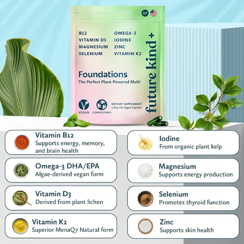 Miniatura 7 de Future Kind Multivitamínico sin carragenina para mujeres y hombres con omega-3, B12, D3, zinc, yodo, magnesio, K2 y selenio, vegano, bolsa