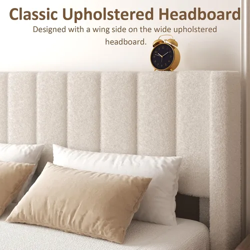 Miniatura 4 de Base de cama King con cabecero tapizado, base de cama con cabecera de terciopelo de peluche, soporte de listones de madera, diseño de borde de ala