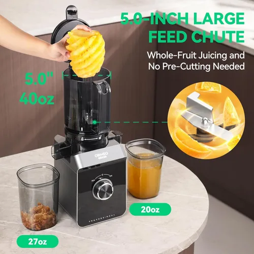 Miniatura 2 de Exprimidor de prensa en frío, máquinas exprimidoras Ormeo Home con canal de alimentación grande de 5.0 pulgadas para verduras y frutas enteras