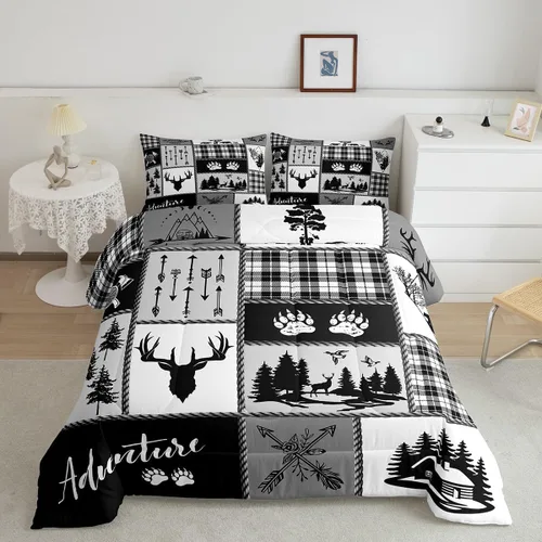 Miniatura 194 de Juego de edredón de cuernos de ciervo tamaño individual, juego de ropa de cama rústica de granja con huellas de oso y pinos para decoración