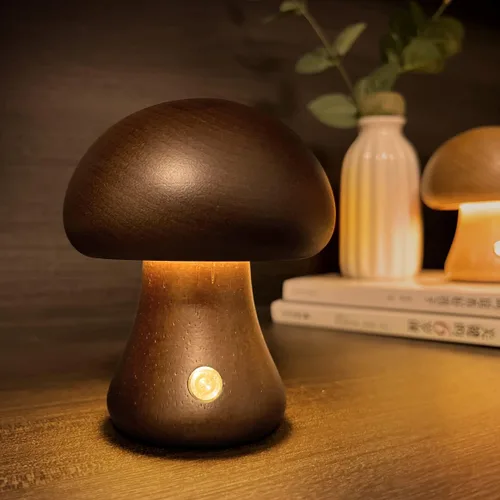 Miniatura 9 de Lámpara única pequeña de madera con forma de hongos, decoración de setas, lámpara de noche, lámpara de hongo recargable para decoración del hogar