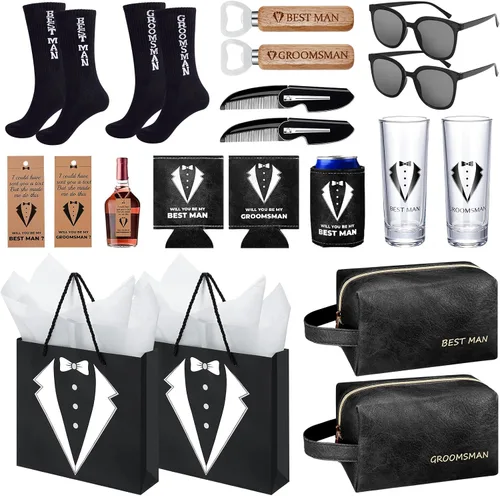 20 cajas de propuestas para padrinos de boda con gafas de chupito, calcetines, gafas de sol, bolsa de aseo de piel sintética, abridor de botellas,