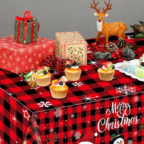Miniatura 5 de Tiamon Paquete de 3 manteles de plástico para mesa de Navidad de 54 x 108 pulgadas para mesa rectangular, mantel desechable con diseño de muñeco
