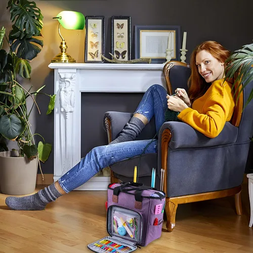 Miniatura 6 de Bolsa de almacenamiento de hilo para tejer, organizador de ganchillo de gran capacidad, bolsa de viaje portátil con correa para el hombro, estuche