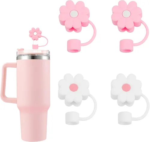 Miniatura 32 de 6 fundas de silicona para popotes Stanley Cups de 30 y 40 onzas, tapas de paja de flores a prueba de polvo, protectores reutilizables para popotes