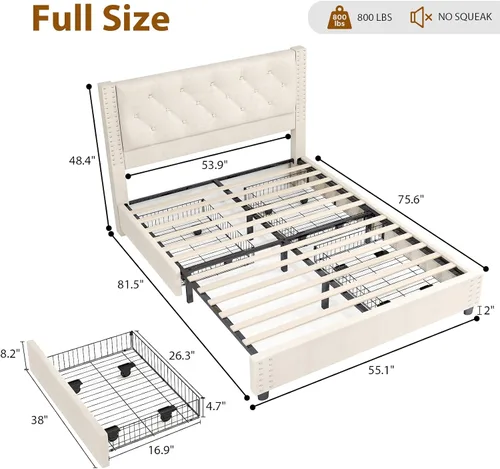 Miniatura 2 de EVLIQUIL - Marco de cama de tamaño matrimonial con 4 cajones de almacenamiento y cabecero, color beige Upholstered Platform Bed Frame with Wood