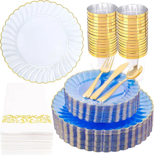Miniatura 17 de YOUBET - 350 piezas de platos de plástico negro y dorado - Juegos de vajilla desechable dorada para 50 invitados - 100 platos de plástico, 150