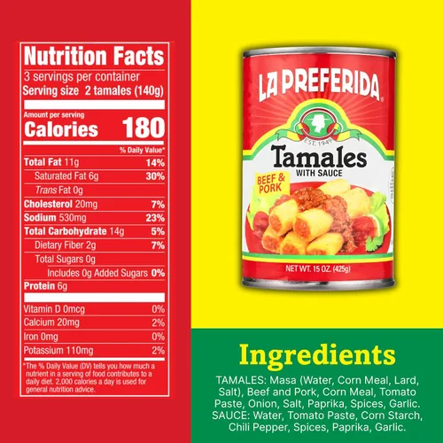 Miniatura 2 de La Preferida Tamales de carne de res y cerdo (tamales mexicanos enlatados en salsa roja) – Sin colorantes artificiales ni conservantes, solo