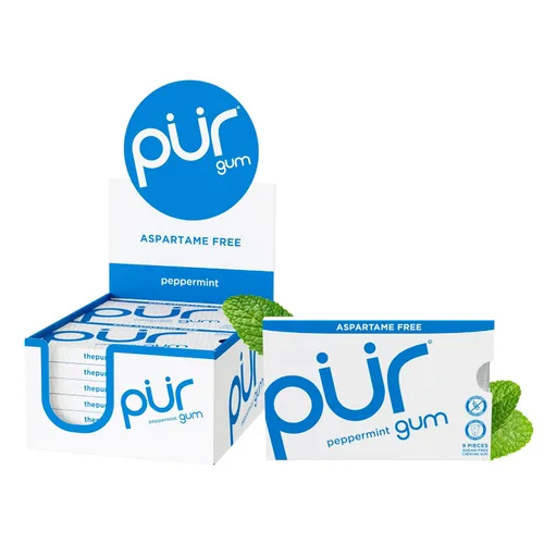 PUR Gum | Chicle sin aspartamo | 100% xilitol | Chicle con sabor natural a menta piperita, 9 piezas (paquete de 12)