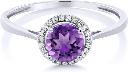 Miniatura 63 de Gem Stone King Anillo de compromiso de boda de oro blanco de 10 quilates con piedra natal y halo de diamantes Redondo de 0.236 in Anillo de oro