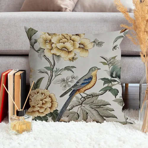 Miniatura 4 de ArogGeld Funda de cojín para sofá de granja con diseño de pájaro chinoiserie amarillo y gris, peonía, pavo real, decoración del hogar, funda