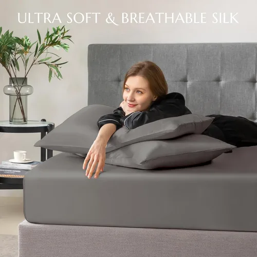 Miniatura 75 de THXSILK Juego de sábanas bajeras de 100% seda de morera, 3 piezas de seda 7A+, transpirable, suave, sábana bajera de 16 pulgadas de profundidad, 2