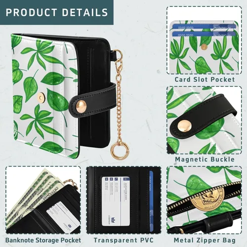 Miniatura 5 de Qilmy Green Leaves Compact Women's Wallet - RFID Blocking Bifold Card Case PU Leather Slim Travel Wallet with Zipper Coin Pocket, ID Window &