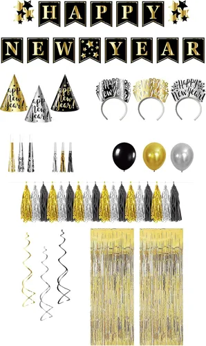 Sirve para 12 | Kit de fiesta de Nochevieja | Surtido para 12 | Incluye pancartas, guirnaldas de borlas, sombreros de papel, tiaras, cuernos,