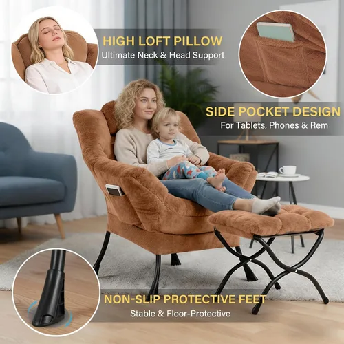Miniatura 4 de Silla perezosa acogedora y otomana, juego grande de silla de descanso contemporánea, sillón tapizado de ocio para lectura para dormitorio, sala