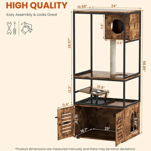 Miniatura 2 de AWQM Caja de arena grande para gatos, torre de árbol de 3 niveles con cuenco de alimentación elevado, postes rascadores, baño oculto, condominio