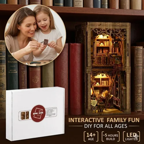 Miniatura 8 de Kit de rincón de libros para adultos, rompecabezas de madera 3D, kit de casa en miniatura de la biblioteca antigua con luz LED y cubierta antipolvo
