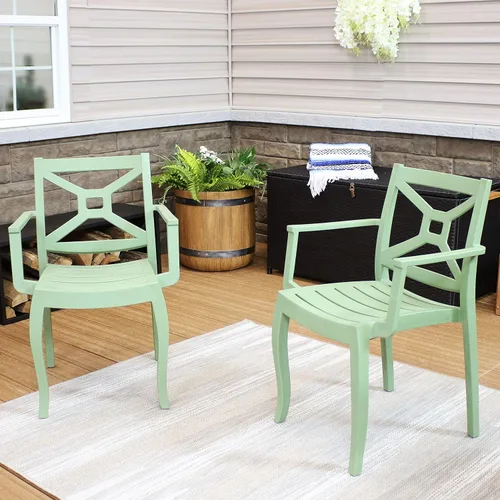 Miniatura 2 de Sunnydaze Tristana - Silla de plástico para patio al aire libre, juego de 2, asientos apilables, color verde