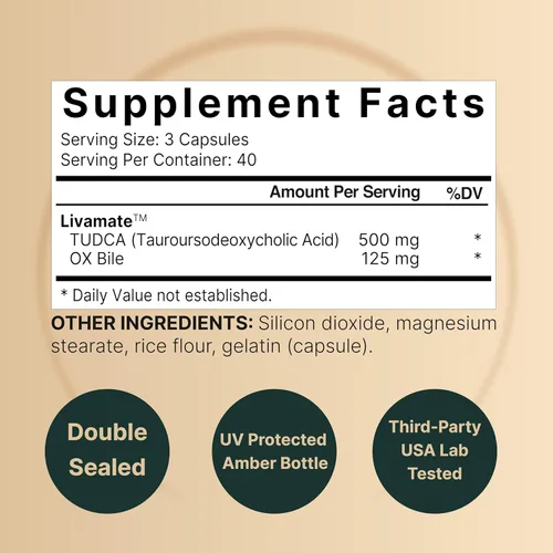 Miniatura 2 de TUDCA 500mg con bilis de buey 125mg por porción, 120 cápsulas – Soporte de sales biliares, fórmula de Livamate de alta absorción Suplemento