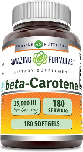 Amazing Formulas Beta-Caroteno 25000 IU | Suplemento de cápsulas blandas | Sin OMG | Sin gluten | Fabricado en Estados Unidos (paquete de 1 | 180