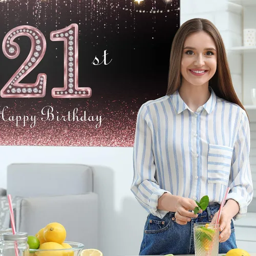 Miniatura 6 de HAMIGAR Fondo de pancarta de feliz cumpleaños 21 de 6 x 4 pies, decoraciones de cumpleaños de 21 años, suministros de fiesta para mujeres, oro rosa