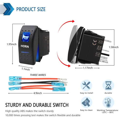 Miniatura 2 de Interruptor basculante conmutable impermeable con botón de bocina momentánea - Encendido/Apagado Luz LED Azul - 12V 20Amp 24V 10Amp, 5 Pines Para