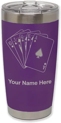 Miniatura 15 de LaserGram Vaso aislado al vacío de 20 onzas, tarjetas de póquer Royal Flush con grabado personalizado incluido (negro)