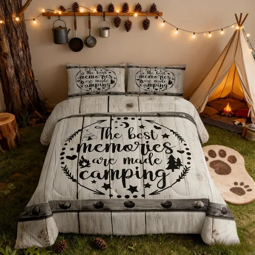 Miniatura 40 de Juego de Edredón para Acampar Feliz para Niños Tamaño Individual, Juego de Ropa de Cama Rústica de Aventura de Granja y Cabaña, Decoración