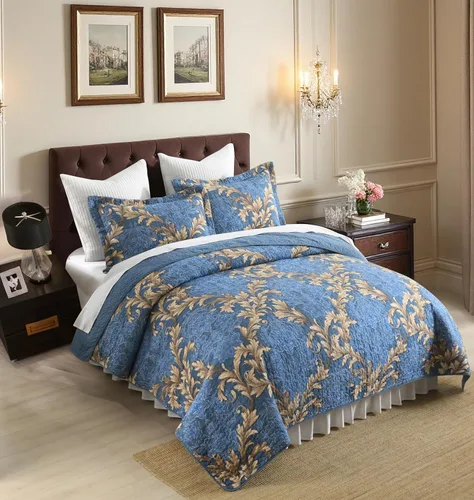Miniatura 3 de Juego de edredón 100% algodón tamaño Queen de 3 piezas, edredón floral de damasco con 2 fundas, colcha acolchada floral vintage, ropa de cama ligera