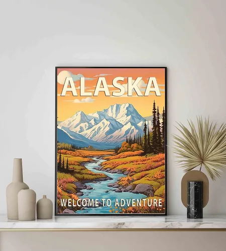 Miniatura 6 de Póster artístico de Alaska, decoración artística de paisaje retro de Estados Unidos, pintura de montaña y paisaje de aventura para dormitorio, sala