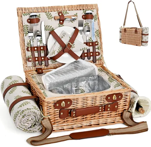Cesta de picnic con manta y bolsa para vino para 2, juego de picnic de mimbre con bolsa refrigeradora con forro aislante canasta para camping, boda