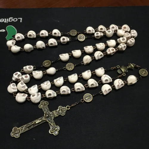 Miniatura 3 de elegantmedical Hecho a mano católico XL 10MM howlita calavera cuentas de rosario antiguo Cruz, Bronce