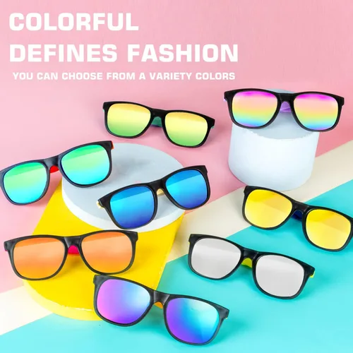 Miniatura 6 de Paquete de 32 lentes de sol a granel con protección UV, 16 colores neón de los años 80 de plástico retro, regalos de fiesta en la piscina