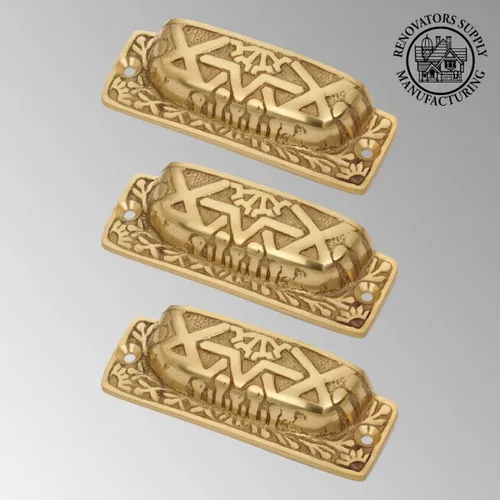 Miniatura 2 de Renovators Supply - Paquete de 3 tiradores de gabinete de 3 3/4 pulgadas de latón antiguo estilo azteca para cajones