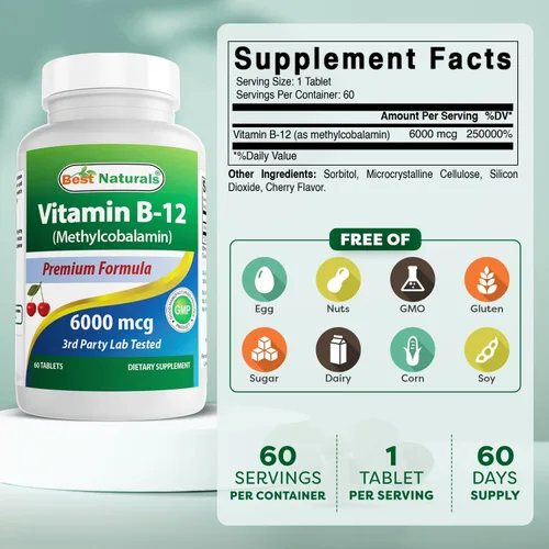 Miniatura 2 de Best Naturals Vitamina B-12 como metilcobalamina (metil B12), 6000 mcg comprimido, 60
