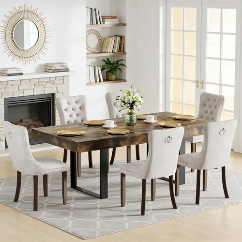 Miniatura 42 de Juego de mesa de comedor extensible de 5 piezas para 4, mesa de cocina de madera marrón de 63-78.7 pulgadas con 4 sillas acolchadas beige, juego