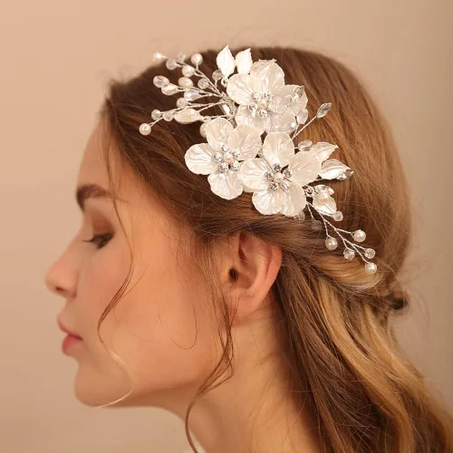 Miniatura 2 de Jumwrit Pinza para el pelo nupcial con diamantes de imitación, pinza de pelo de flor blanca para novias, damas de honor, tocado de perlas hechas a