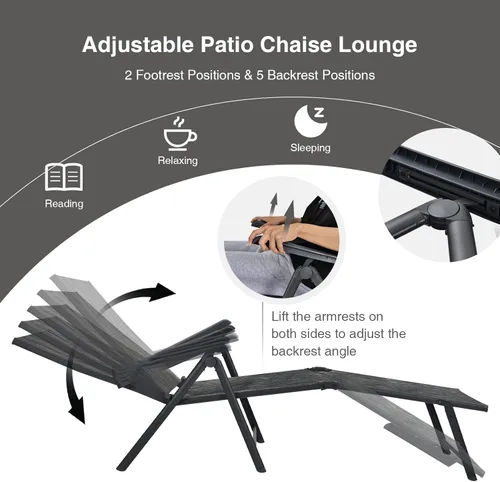 Miniatura 5 de COSTWAY 2 piezas de tumbona plegable, tela ligera y transpirable, silla reclinable de bronceado al aire libre para terraza, playa (gris)