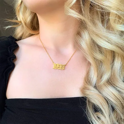 Miniatura 3 de Collar de acero inoxidable chapado en oro de 18 quilates con colgante de número de año de nacimiento y aniversario para mujeres y niñas