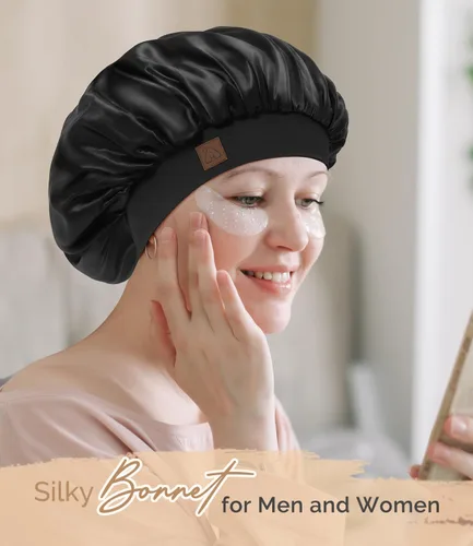 Miniatura 5 de Hat Hut Gorro de satén de seda para dormir para mujer, gorro de pelo para cabello rizado, banda ancha ajustable, doble capa