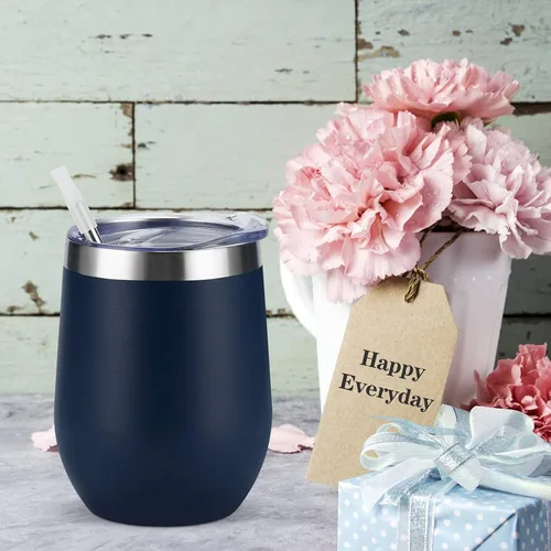 Miniatura 2 de 12 unidades de vasos de vino de acero inoxidable, 12 onzas, vasos de vino aislados de doble pared con tapas y popotes, vasos de vino de acero Azul