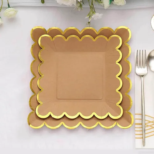 Efavormart - Paquete de 25 platos cuadrados de papel de 9 pulgadas, papel kraft natural con borde festoneado dorado, vajilla desechable rústica