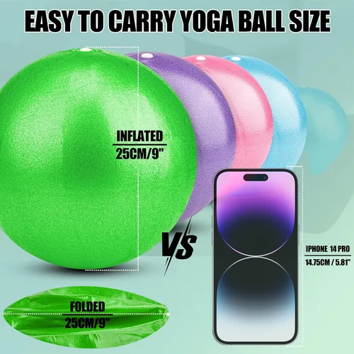 Miniatura 5 de Pelota de ejercicio pequeña antiestallido, antideslizante, estabilidad de 9 pulgadas con popote inflable, mini pelotas de pilates, ideal para yoga